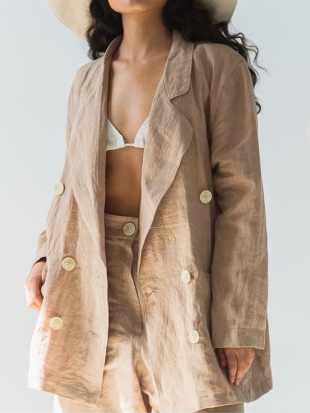 Bohème Goods Linen Long Double Breasted Blazer Dress Size 2 Medium EUC Camel